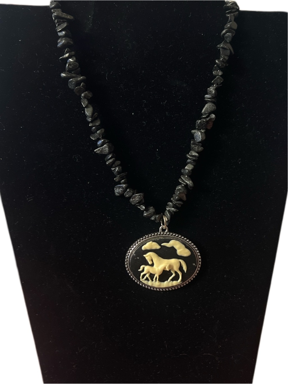 vintage blackstone chips  necklace horse  cameo pendant 16”